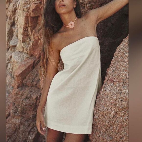 Free People Cotton-Linen Strapless Mini Dress – Boho Coastal Babe (Size L) 🤍🌿 - Picture 2 of 7